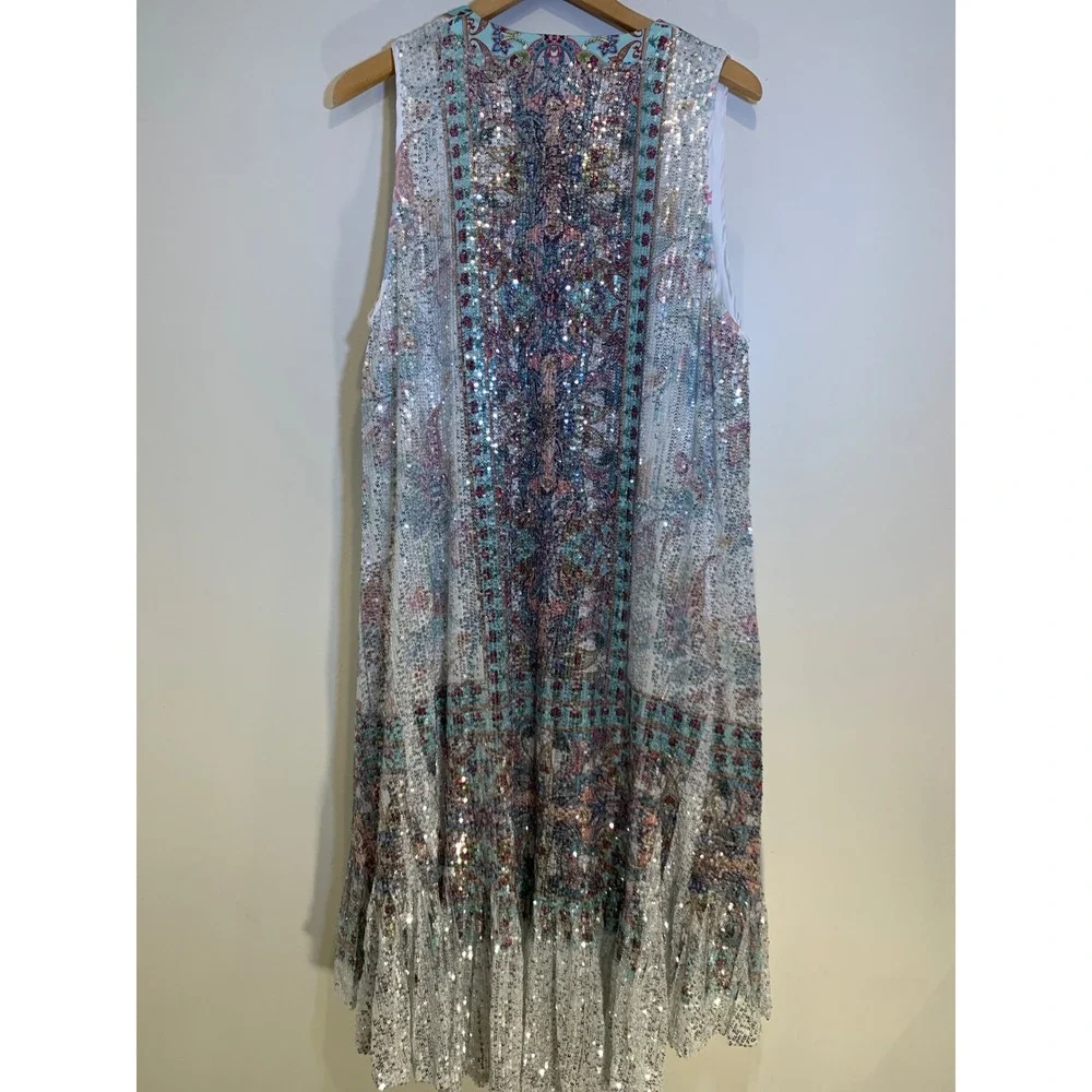 Origami Paisley Sequin Duster Vest L Festival Boho Glam art to wear - Picture 3 of 10